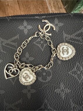 CC  upcycled silver -Tone Heart Charm Bracelet with White Enamel Accents